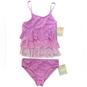 YMI Girl’s 3 Tiered Swimsuit Purple Crochet Tankini Bikini Size 7/8 NWT